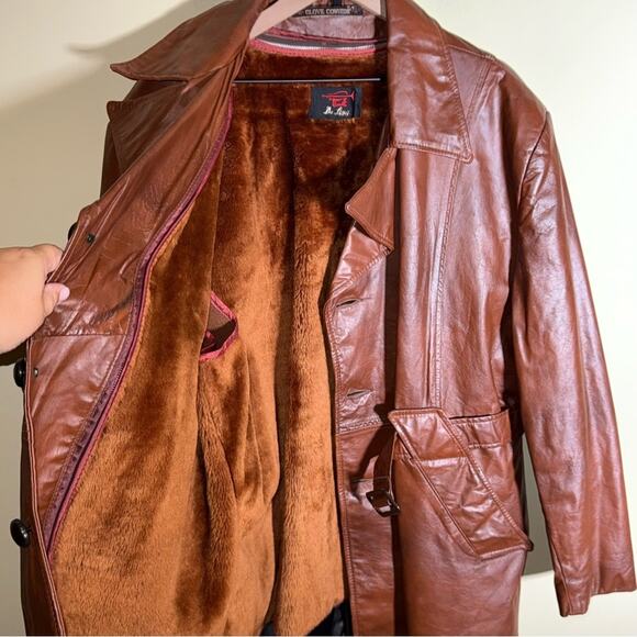 VINTAGE DE LONG 70s Brown Cowhide Glove Leather belted mob wife trench coat XL - Picture 7 of 8